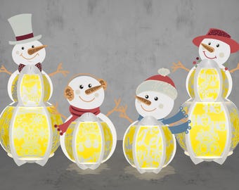 May include: Four white snowman ornaments with yellow light-up globes. Each snowman has a different hat and scarf. The globes have a snowflake design.