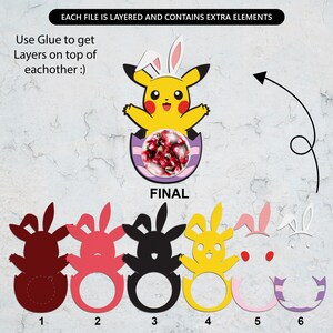 May include: A layered craft project featuring a cartoon Pikachu wearing bunny ears. The project includes six layers, each with a different color and design. The final product is a Pikachu holding a basket of candy.