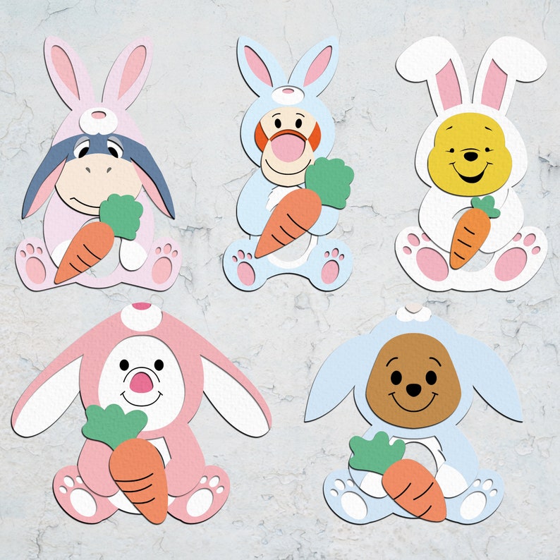 May include: Five colorful bunny rabbit cutouts with carrot decorations. The bunnies are wearing different colored outfits. The bunnies are in various poses.