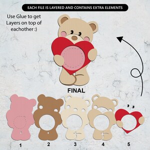 May include: A layered paper craft design featuring a teddy bear holding a red heart. The design includes multiple layers in shades of pink, brown, and beige. Text indicates the design is layered and includes extra elements. The word "FINAL" is also present.