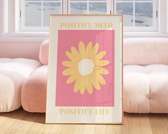 Pink and Yellow Wall Art, Positive Aesthetic Room Decor, Positivity Quote Poster, Sunflower Art Print, Dorm Room Decor, Simple Prints Pink