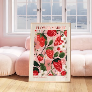 Impression de fraises, art mural rouge tendance, impression de fleurs rouges, affiche du marché aux fleurs, décoration de chambre esthétique rose, impression d'art de chambre à coucher rouge