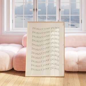 Protect Your Peace Print Trendy Wall Art Green Retro Print, Sage Green Room Decor Aesthetic Dorm Print, Minimalist Positive Quote Wall Print