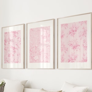 Love Shack Fancy Wall Art - Juego de 3 impresiones florales vintage rosas, pósteres rosas, descarga digital, decoración de pared estilo chinoiserie, impresión artística estética simple