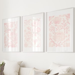 Chinoiserie Wall Art Pink Vintage Floral Art Print Set of 3 Pink Posters Digital Download Light Pink Wall Decor Aesthetic Print Simple