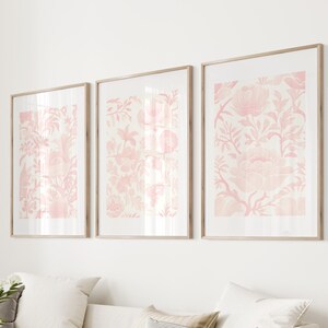 Chinoiserie Wall Art Pink Vintage Floral Art Print Set of 3 Pink Posters Digital Download Light Pink Wall Decor Aesthetic Print Simple