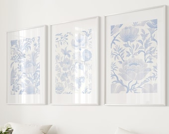 Chinoiserie Wall Art Blue Vintage Floral Print Set of 3 Blue Posters Digital Download Light Blue Wall Decor Aesthetic Art Prints Simple