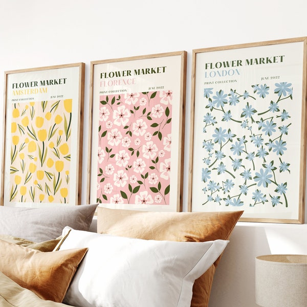 Set of 3 Flower Market Prints, 3 Piece Wall Art, Aesthetic Floral Room Decor, Apartment Wall Art, Botanical Print Set, Triptych Wall Art