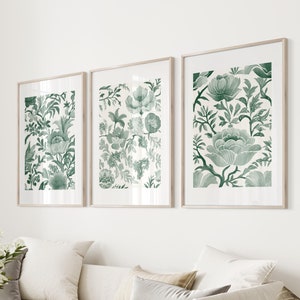 Arte de parede verde esmeralda Chinoiserie Vintage Dark Floral Print Conjunto de 3 pôsteres Download digital Decoração de parede verde floresta Impressão de arte estética