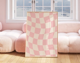 Pastel Pink Poster Aesthetic Room Decor, Baby Pink Girly Print, Pink Dorm Decor, Blush Pink Retro Wall Art Simple, Checkered Art Print