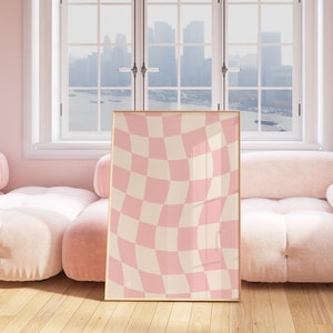 Décoration de chambre esthétique poster rose pastel, impression girly rose layette, décoration rose pour dortoir, art mural rétro rose poudré, impression d'art damier simple