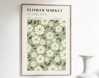 Flower Market Poster Sage Green, Aesthetic Poster, Trendy Wall Art, Sage Green Bedroom Wall Art, Green Floral Print, Living Room Decor Boho