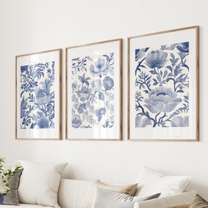 Set di 3 stampe floreali vintage blu da parete Chinoiserie, download digitale, stampe artistiche estetiche blu scuro da parete blu navy