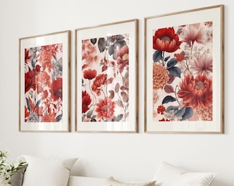 Arte de pared chinoiserie, estampado floral vintage rojo, juego de 3 impresiones, descarga digital, impresiones de pared de otoño melancólico, impresión artística azul marino, estética otoñal