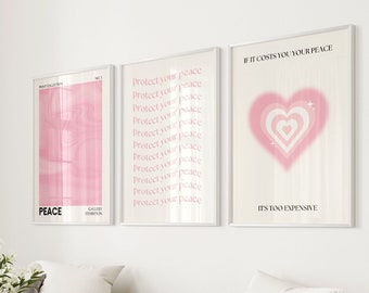 Lot de 3 affiches roses, oeuvre d'art mural rose clair, impressions numériques, affiches esthétiques coeur mignon, affiche rétro dégradé, impression d'art typographie en 3 pièces