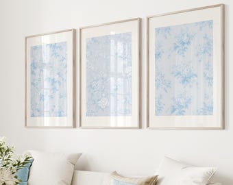 Blue Wall Art Vintage Floral Print Set of 3 Blue Poster Digital Download Light Blue Wall Decor Aesthetic Art Print Simple Dorm Print Minimal