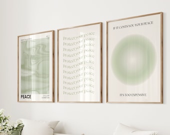 Green Poster Set of 3, Sage Green Wall Art, Aesthetic Posters, Retro Gradient Poster, Room Decor Aesthetic, 3 Piece Typography Art Print