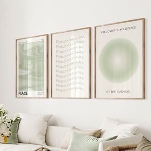 Green Poster Set of 3, Sage Green Wall Art, Aesthetic Posters, Retro Gradient Poster, Room Decor Aesthetic, 3 Piece Typography Art Print