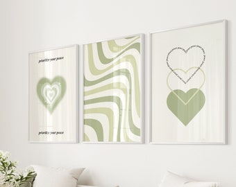Green Poster Set of 3, Sage Green Wall Art, Room Decor Aesthetic Posters, Retro Wavy Art Prints, Peace Poster, 3 Piece Typography Art Print