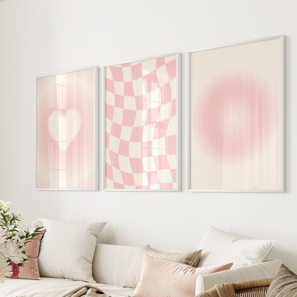 Pastel Pink Set of 3 Posters, Pink Aesthetic Prints Set of 3, Pink Girly Room Decor, Baby Pink 3 Piece Wall Art, Blush Pink Retro Wall Art