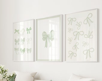 Green Poster Set of 3 Bow Print Coquette Room Decor Aesthetic Dorm Room Prints Sage Green Wall Art Girly Art Print College Apartment Decor