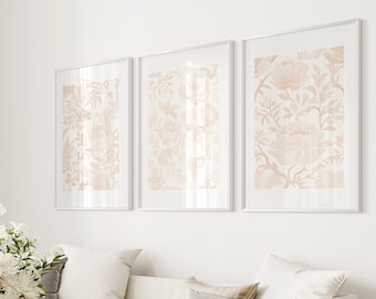 Chinoiserie Wall Art Beige Vintage Floral Print Set of 3 Neutral Posters Digital Download Light Beige Wall Decor Aesthetic Art Prints Simple