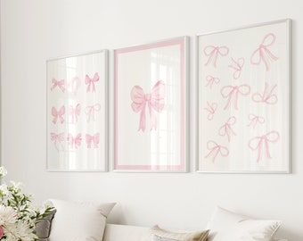 Pink Wall Art Set of 3 Bow Art Print Coquette Room Decor Aesthetic Girly Posters College Apartment Decor Pink Dorm Print Love Shack Fancy