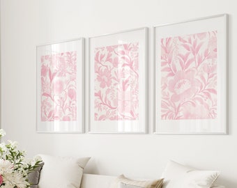 Chinoiserie Wall Art Pink Vintage Floral Print Set of 3 Pink Posters Digital Download Baby Pink Wall Decor Dorm Aesthetic Art Prints Simple