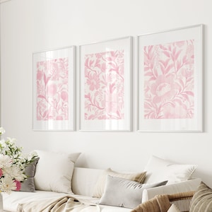 Chinoiserie Wall Art Pink Vintage Floral Print Set de 3 carteles rosados Descarga digital Baby Pink Wall Decor Dorm Estética Art Prints Simple