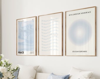 Blue Poster Set of 3, Digital Download Set of 3, Light Blue Retro Gradient Poster, 3 Piece Typography Wall Art, Blue Aesthetic Room Decor