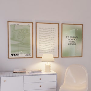 Green Poster Set of 3, Sage Green Wall Art, Aesthetic Posters, Retro Gradient Poster, Room Decor Aesthetic, 3 Piece Typography Art Print