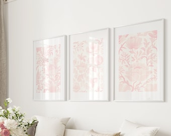 Floral Wall Art Pink Vintage Floral Print Set of 3 Pink Art Prints Digital Download Chinoiserie Pink Wall Decor Living Room Art