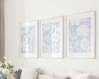 Light Blue Wall Art Set of 3 Peonies Vintage Floral Print Blue Chinoiserie Digital Download Coastal Blue Wall Art Prints Aesthetic Posters