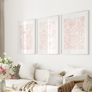 Love Shack Fancy Wall Art Pink Vintage Floral Print Set of 3 Pink Art Prints Digital Download Chinoiserie Pink Wall Decor Living Room Art