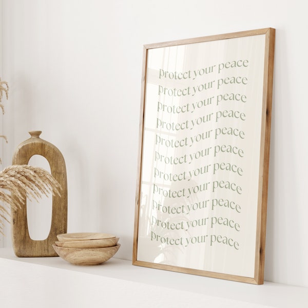 Protect Your Peace Print, Retro Motivational Typography Print, Minimalist Positive Quote Wall Print, Sage Green Trendy Aesthetic Room Decor