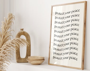 Protect Your Peace Print, Retro Typography Wall Art, Aesthetic Room Decor, Black Minimalist Positive Quote Poster, Simple Dorm Room Decor