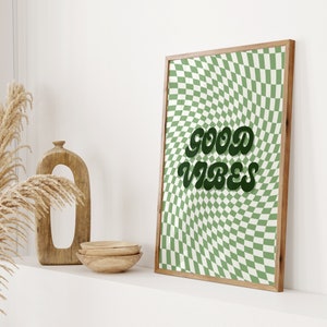 Poster Green, Room Decor Aesthetic Green, Good Vibes Retro Quote Print, Checkered Art Print, Chill Dorm Room Decor Green, Groovy Wall Art