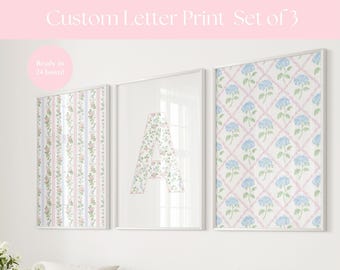 Custom Letter Print Set of 3 Pink Initial Print Dorm Art Monogram Personalized Name Print Girls Vintage Floral Art Gallery Wall Set Pink