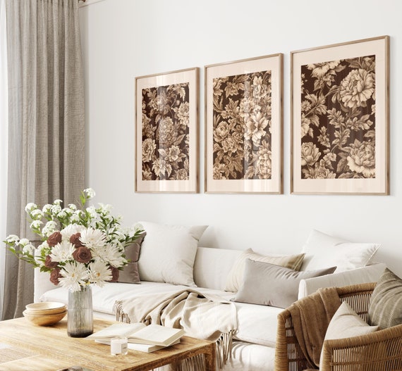 Brown Wall Art Print Vintage Floral Set of 3 Painting Beige Moody Dark Flower Art Autumn Print Aesthetic Fall Toile Digital Art Neutral Cozy
