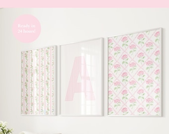 Custom Letter Print Set of 3 Love Shack Fancy Wall Art Girly Dorm Print Personalized Name Print Girls Vintage Floral Monogram Pink Wall Art