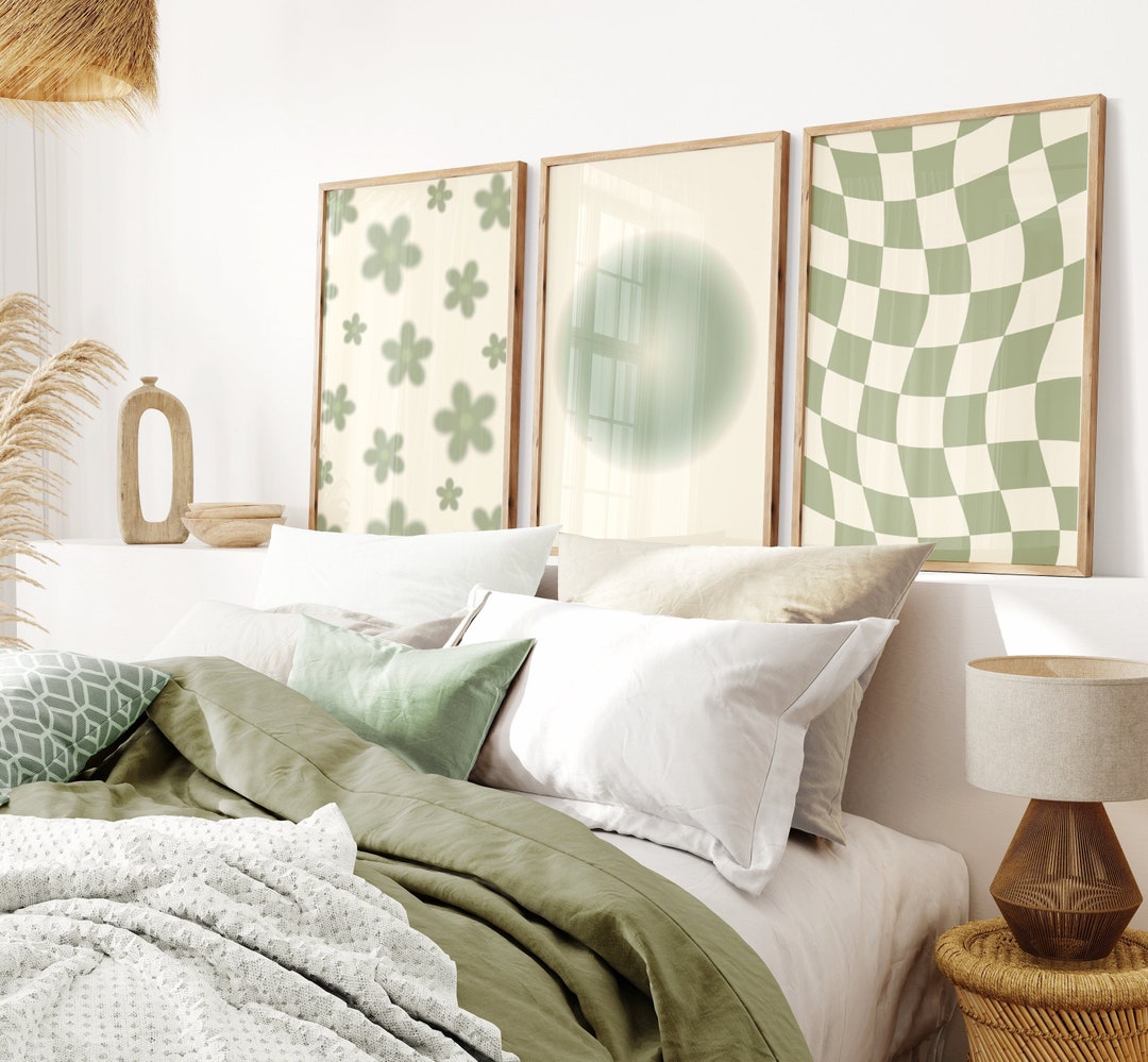 Sage Green Poster Set of 3, Retro Gradient Poster, Green Preppy ...