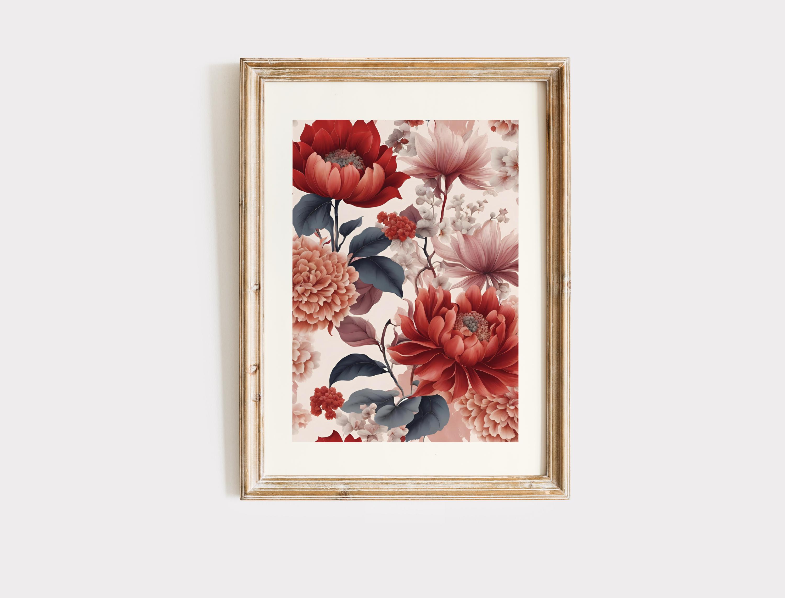 Chinoiserie Wall Art Red Vintage Floral Print Set of 3 Prints Digital ...
