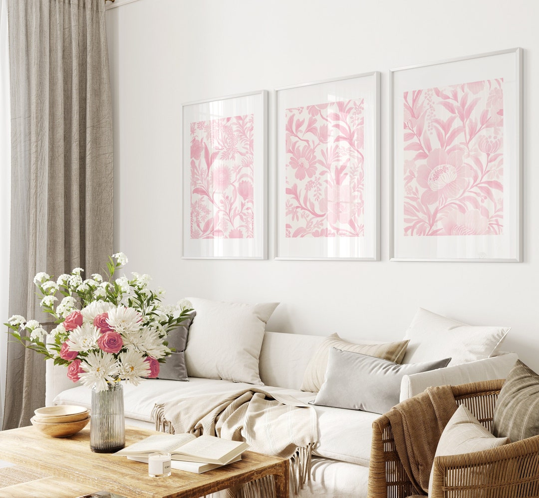 Chinoiserie Wall Art Pink Vintage Floral Print Set of 3 Pink Posters ...