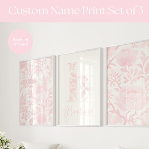 Conjunto de impressão personalizada de 3 decoração de berçário rosa claro arte de parede chinoiserie 3 peças impressões presente de bebê personalizado estampa floral vintage monograma rosa