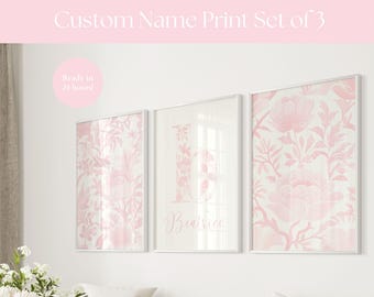 Custom Print Set of 3 Light Pink Nursery Decor Chinoiserie Wall Art 3 Piece Prints Personalized Baby Gift Vintage Floral Print Monogram Pink