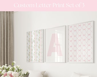 Custom Letter Print Set of 3 Pink Wall Art Bows Girly Dorm Print Personalized Name Print Girls Vintage Floral Monogram Pink Striped Letter