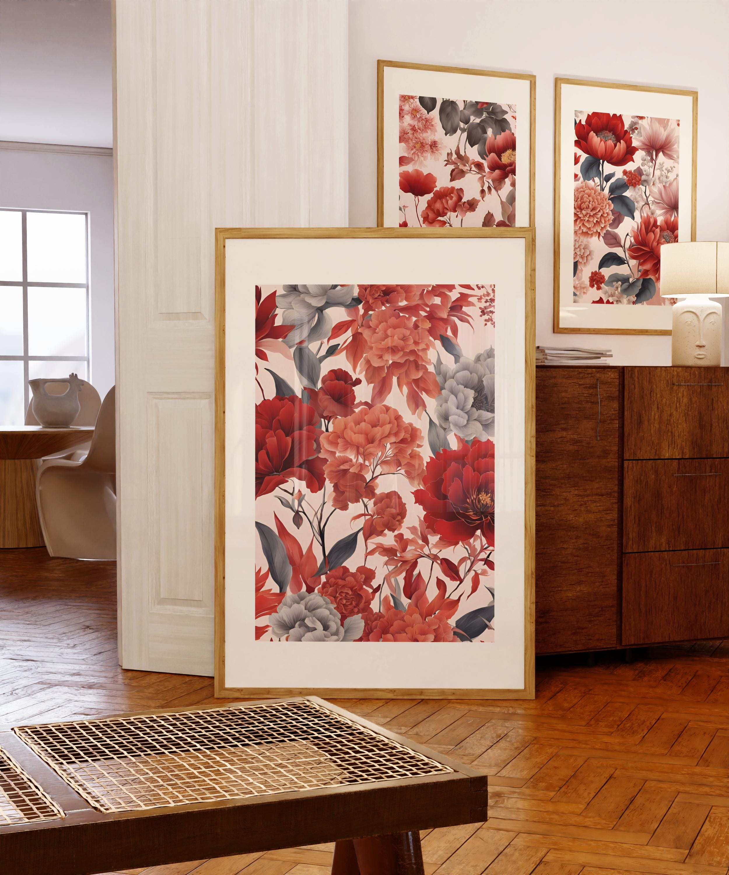 Chinoiserie Wall Art Red Vintage Floral Print Set of 3 Prints Digital ...
