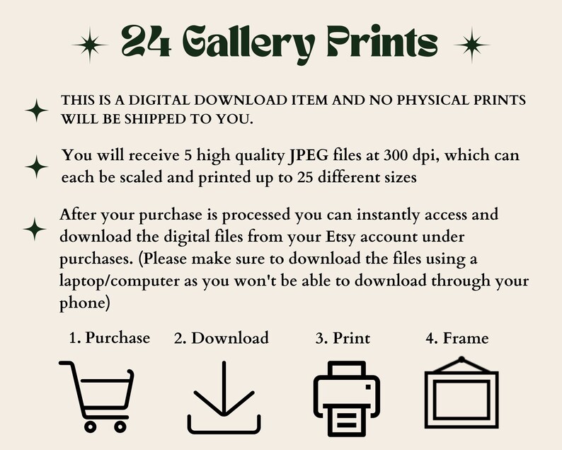 Pode incluir: An&uacute;ncio de impress&atilde;o de arte digital creme com o texto "24 Gallery Prints". As instru&ccedil;&otilde;es incluem compra, download, impress&atilde;o e moldura. A imagem tamb&eacute;m indica que &eacute; um download digital.