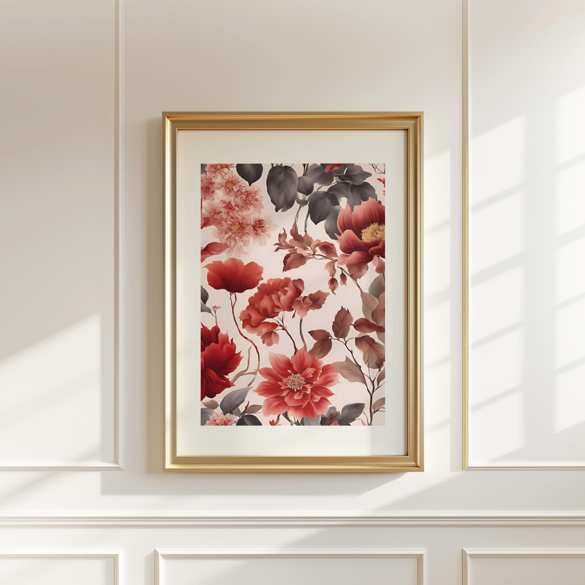 Chinoiserie Wall Art Red Vintage Floral Print Set of 3 Prints Digital ...