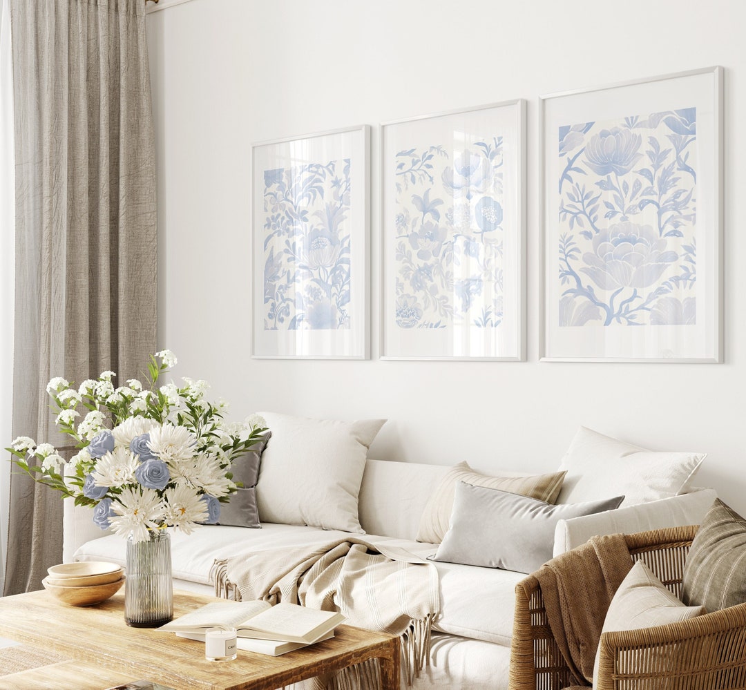 Chinoiserie Wall Art Blue Vintage Floral Print Set of 3 Blue Posters ...